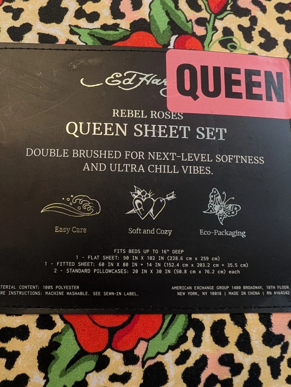 Ed Hardy Queen Sheet Set - Red Roses with Cream Leopard Print